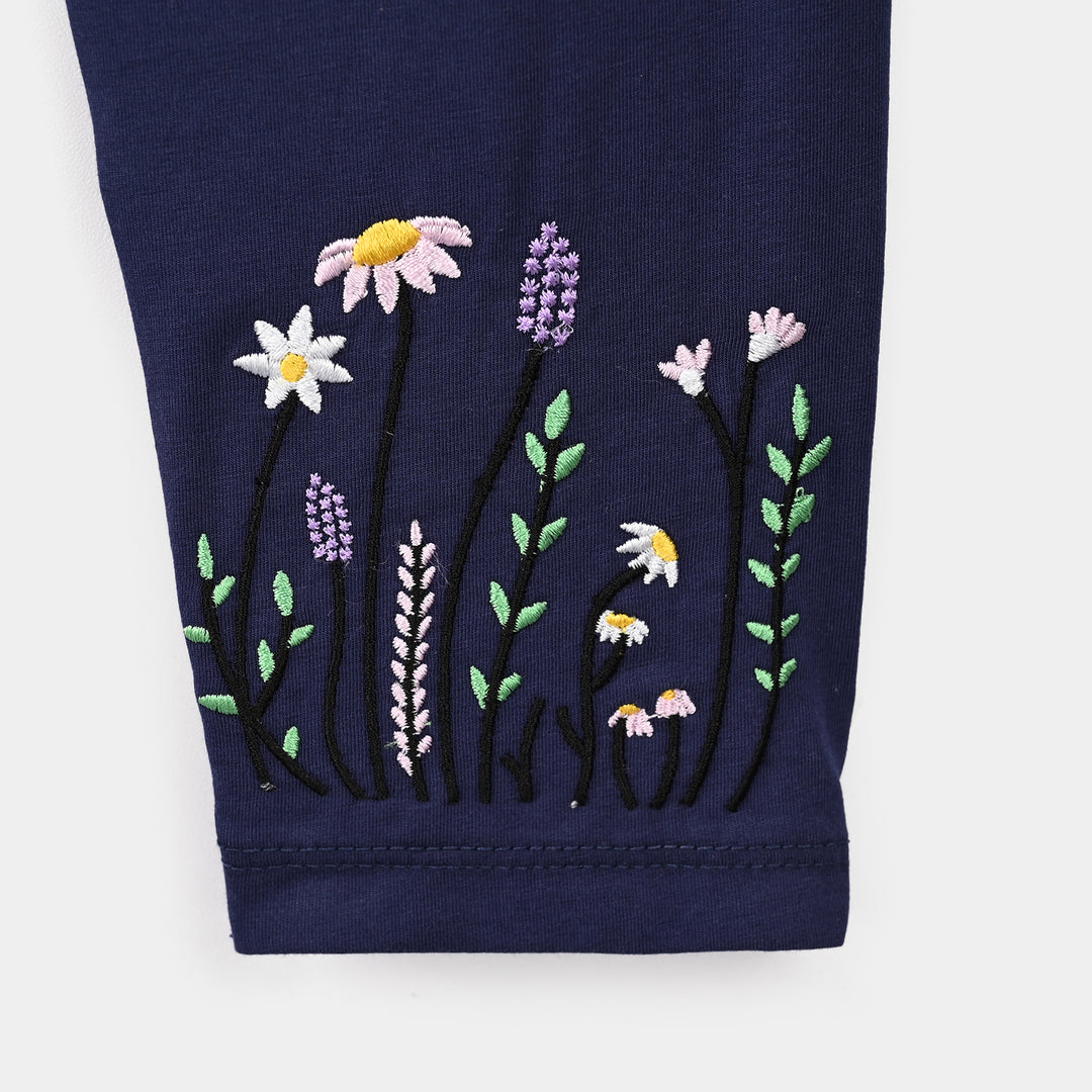 Girls Lycra Jersey EMB Tights FLORAL-NAVY