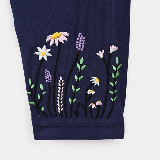 Girls Lycra Jersey EMB Tights FLORAL-NAVY