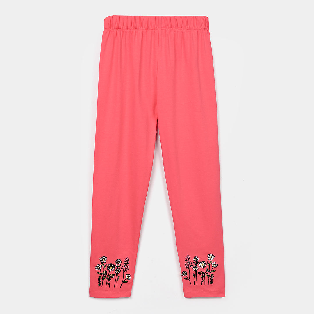 Girls Lycra Jersey EMB Tights White Flower-Hot Pink