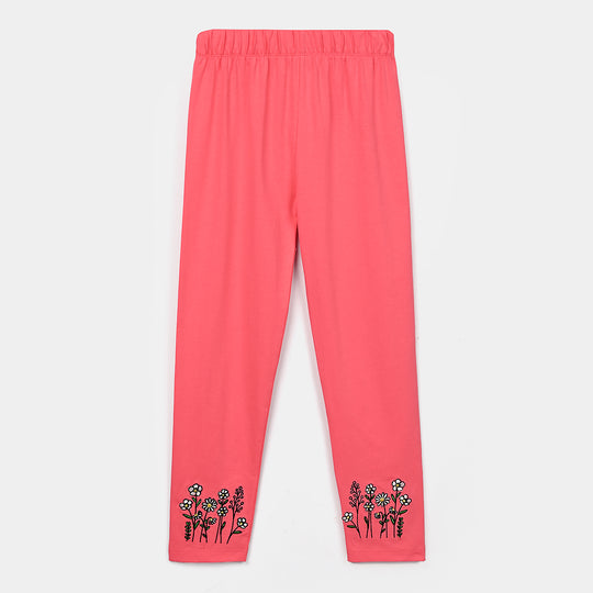 Girls Lycra Jersey EMB Tights White Flower-Hot Pink