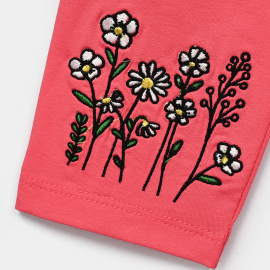 Girls Lycra Jersey EMB Tights White Flower-Hot Pink