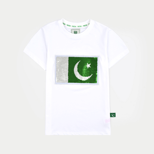 Boys Cotton Jersey T-Shirt White Sequins Flag-White