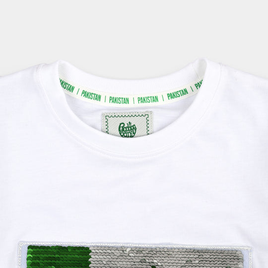Boys Cotton Jersey T-Shirt White Sequins Flag-White