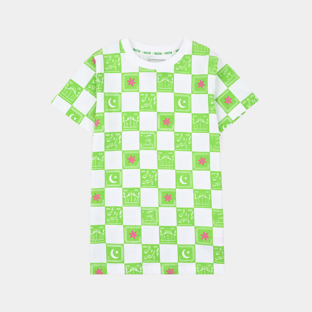 Girls Cotton Jersey T-Shirt Roshan Pakistan- Green/White
