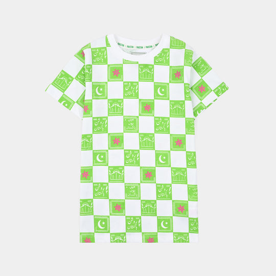 Girls Cotton Jersey T-Shirt Roshan Pakistan- Green/White