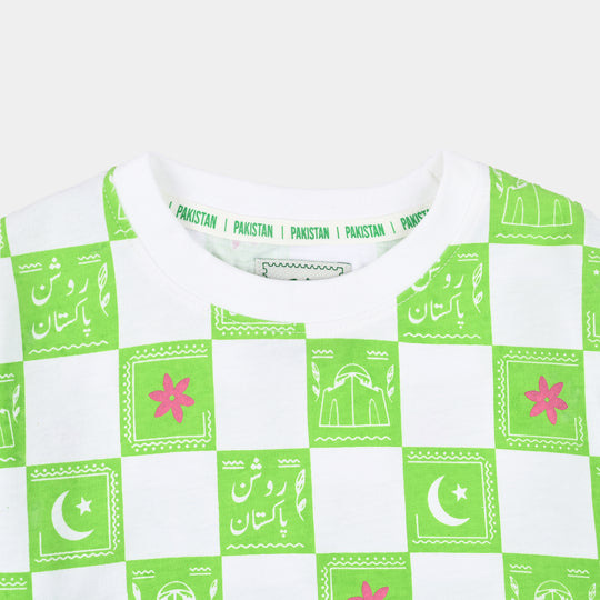 Girls Cotton Jersey T-Shirt Roshan Pakistan- Green/White