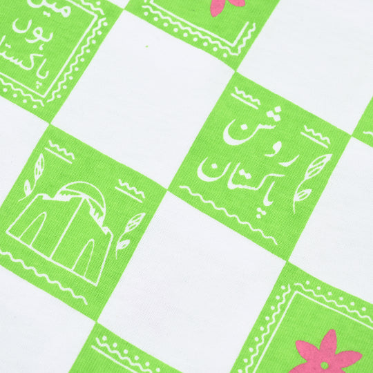 Girls Cotton Jersey T-Shirt Roshan Pakistan- Green/White