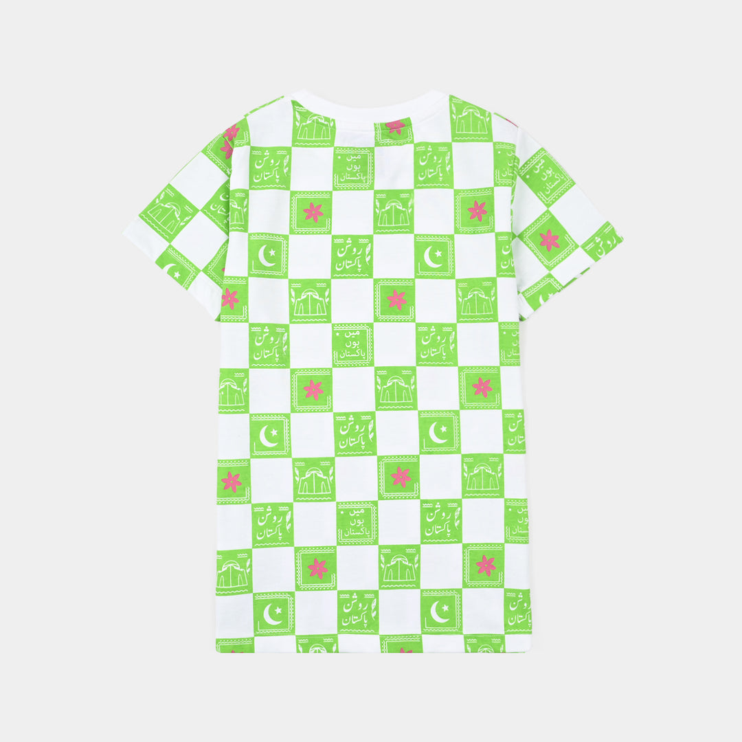 Girls Cotton Jersey T-Shirt Roshan Pakistan- Green/White