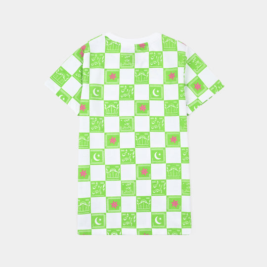 Girls Cotton Jersey T-Shirt Roshan Pakistan- Green/White
