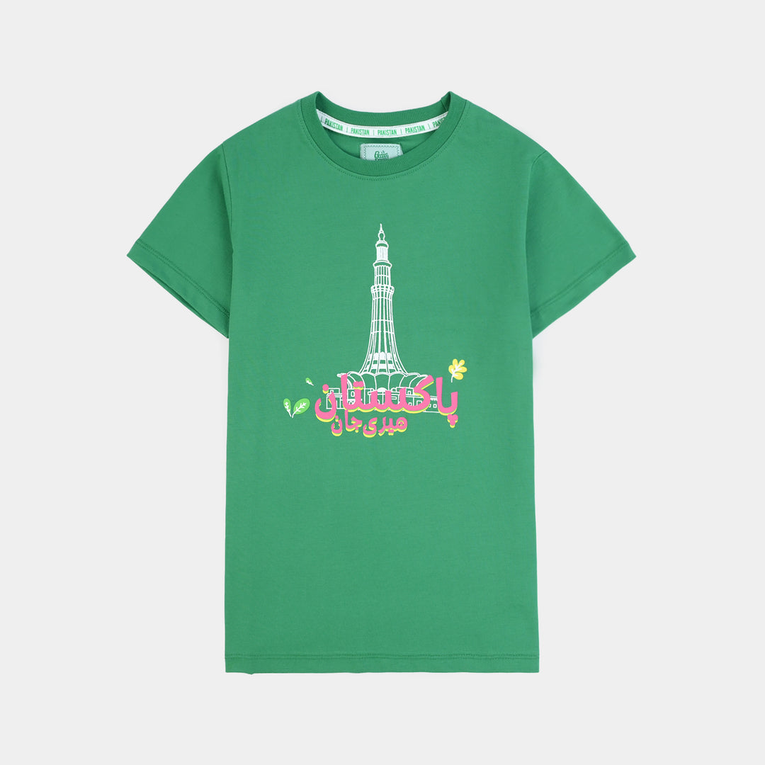 Girls Cotton Jersey T-Shirt Meri Jaan Pakistan-Green