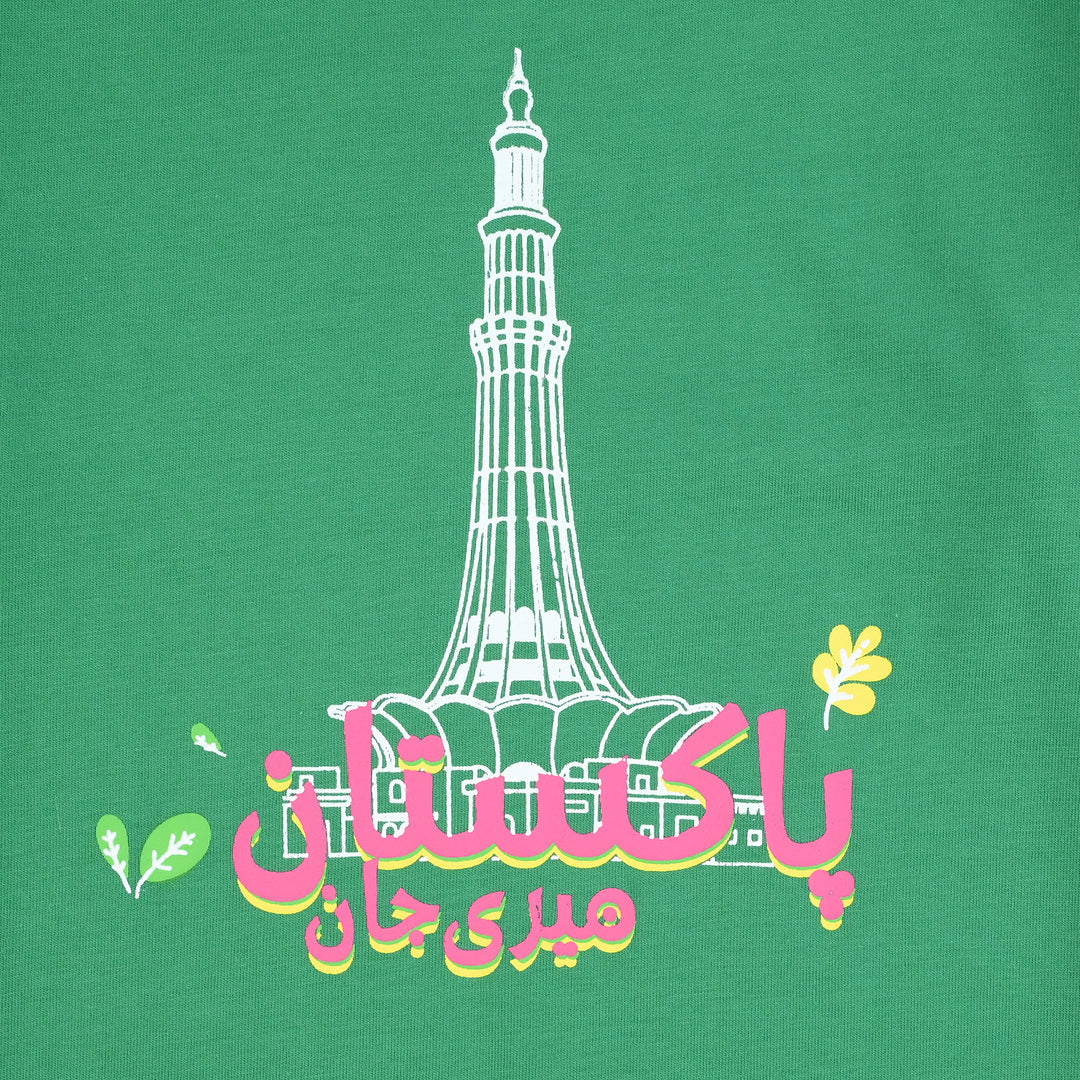 Girls Cotton Jersey T-Shirt Meri Jaan Pakistan-Green