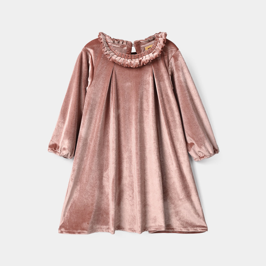 Girls Velvet Casual Frock Birdy-Muted Pink