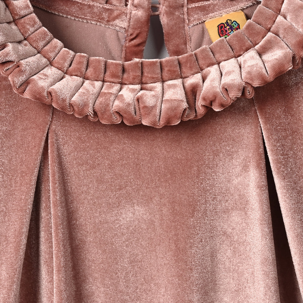 Girls Velvet Casual Frock Birdy-Muted Pink