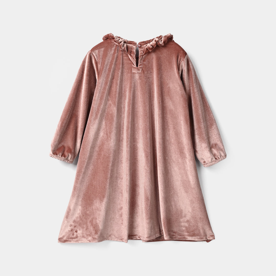 Girls Velvet Casual Frock Birdy-Muted Pink