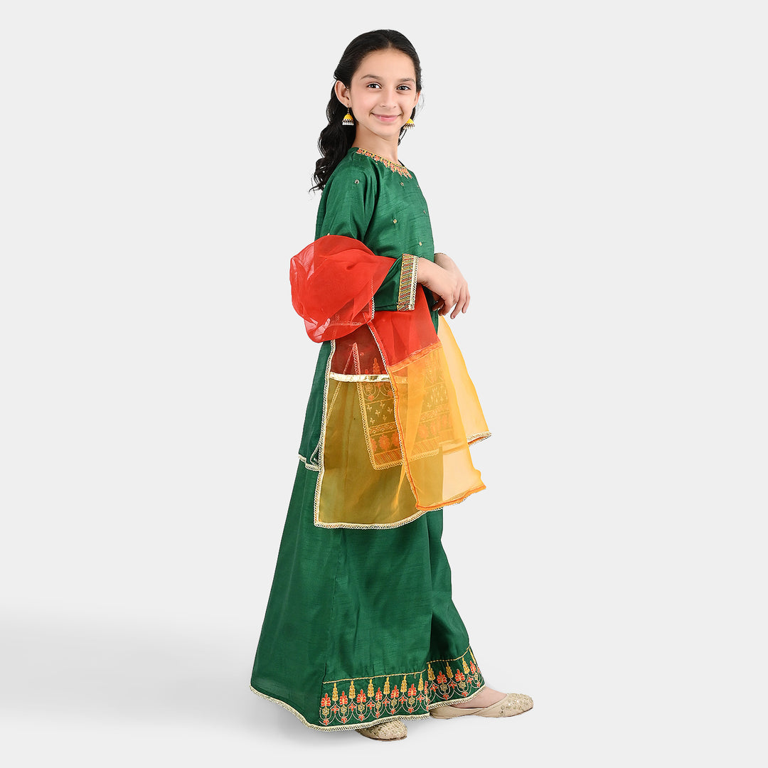 Girls Raw Silk 3Pcs Maha Rani-Green