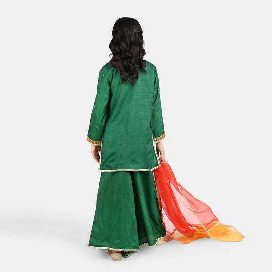 Girls Raw Silk 3Pcs Maha Rani-Green