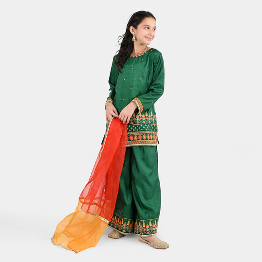 Girls Raw Silk 3Pcs Maha Rani-Green