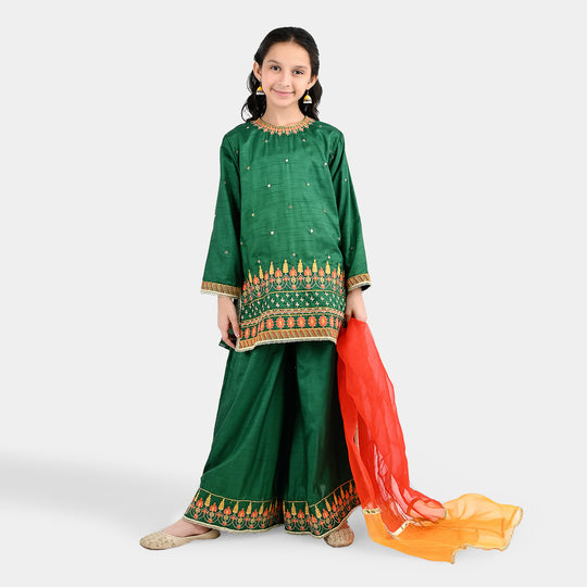 Girls Raw Silk 3Pcs Maha Rani-Green