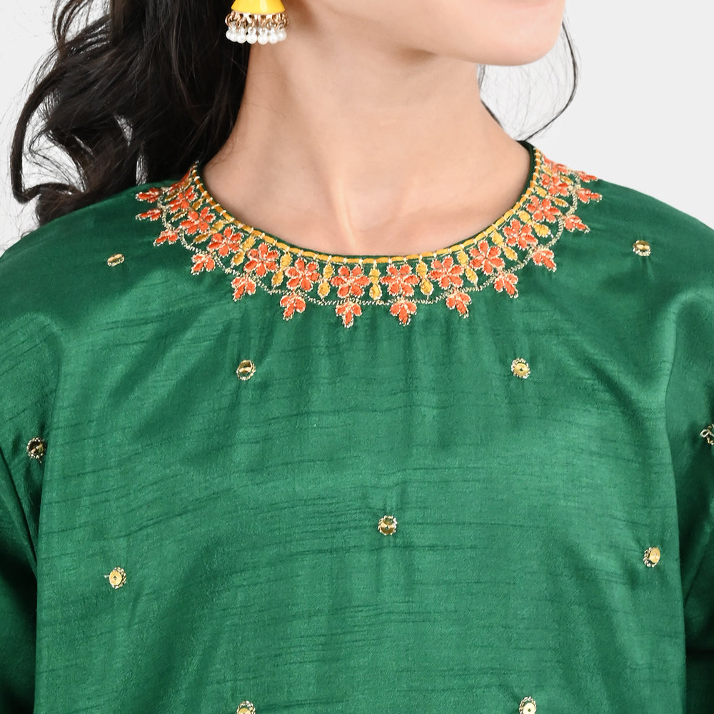 Girls Raw Silk 3Pcs Maha Rani-Green