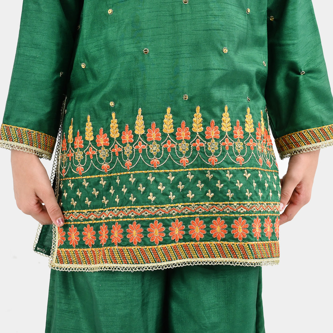 Girls Raw Silk 3Pcs Maha Rani-Green