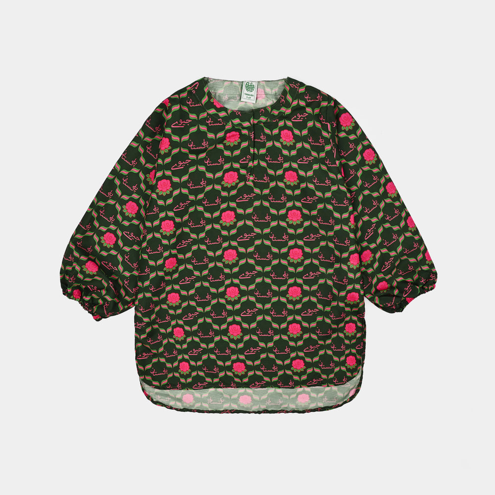 Girls Poly Lawn Ind 2Pcs Pink Flower-Green