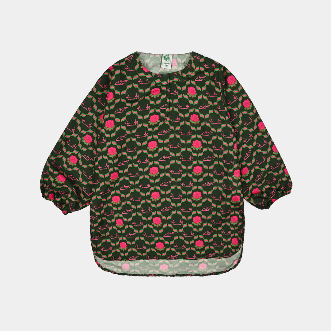 Girls Poly Lawn Ind 2Pcs Pink Flower-Green