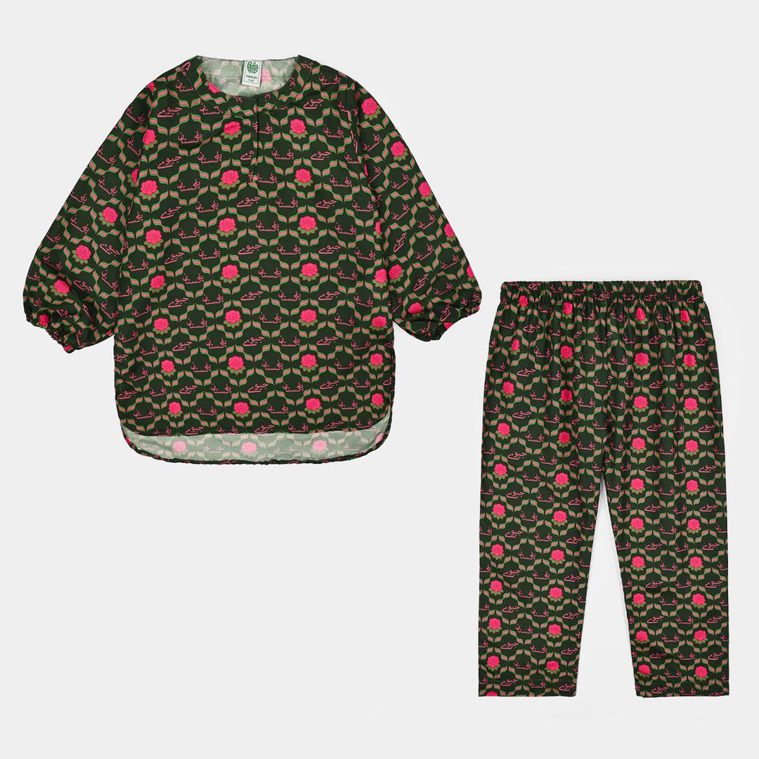 Girls Poly Lawn Ind 2Pcs Pink Flower-Green