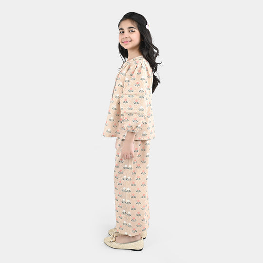 Girls Polyester Co-Ord Set Mosaic-Lt.Brown
