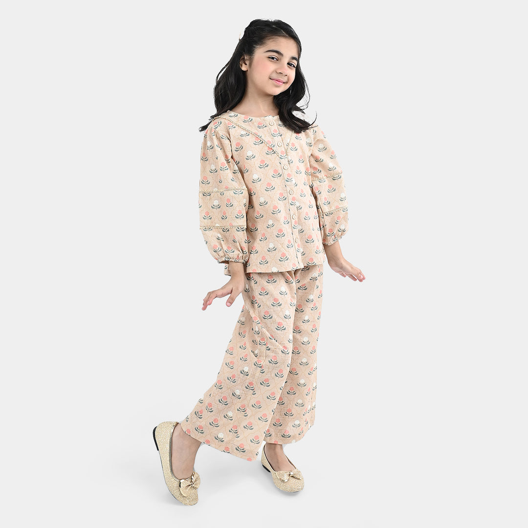 Girls Polyester Co-Ord Set Mosaic-Lt.Brown
