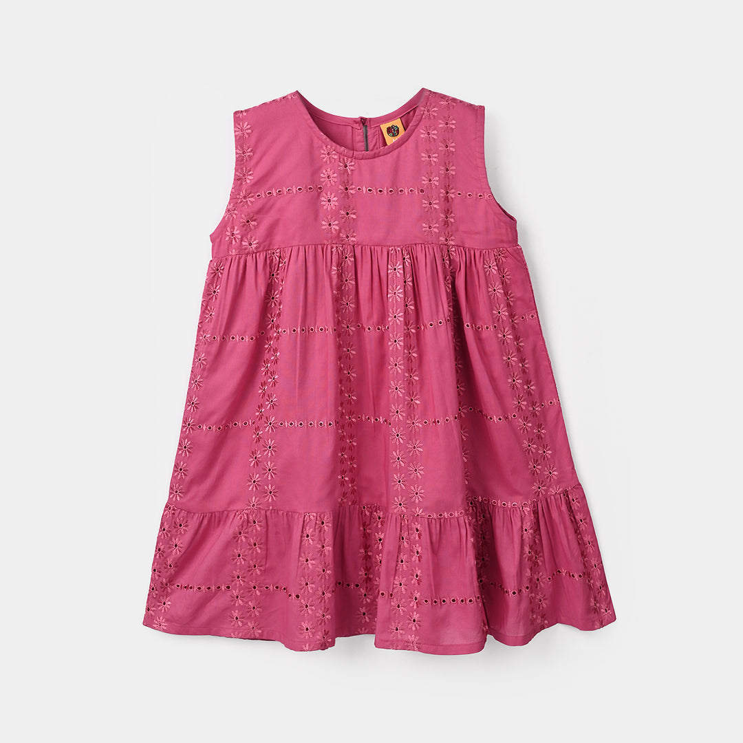 Girls Chicken Kari Emb Frock Daisy-Pink