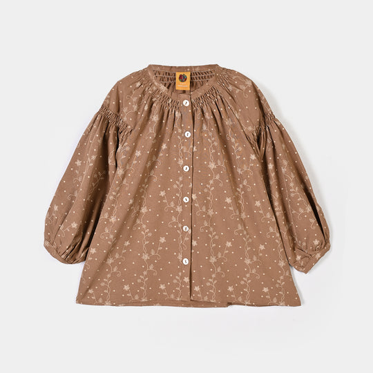 Girls Poly Cotton Casual Top Tiny Floral - Brown