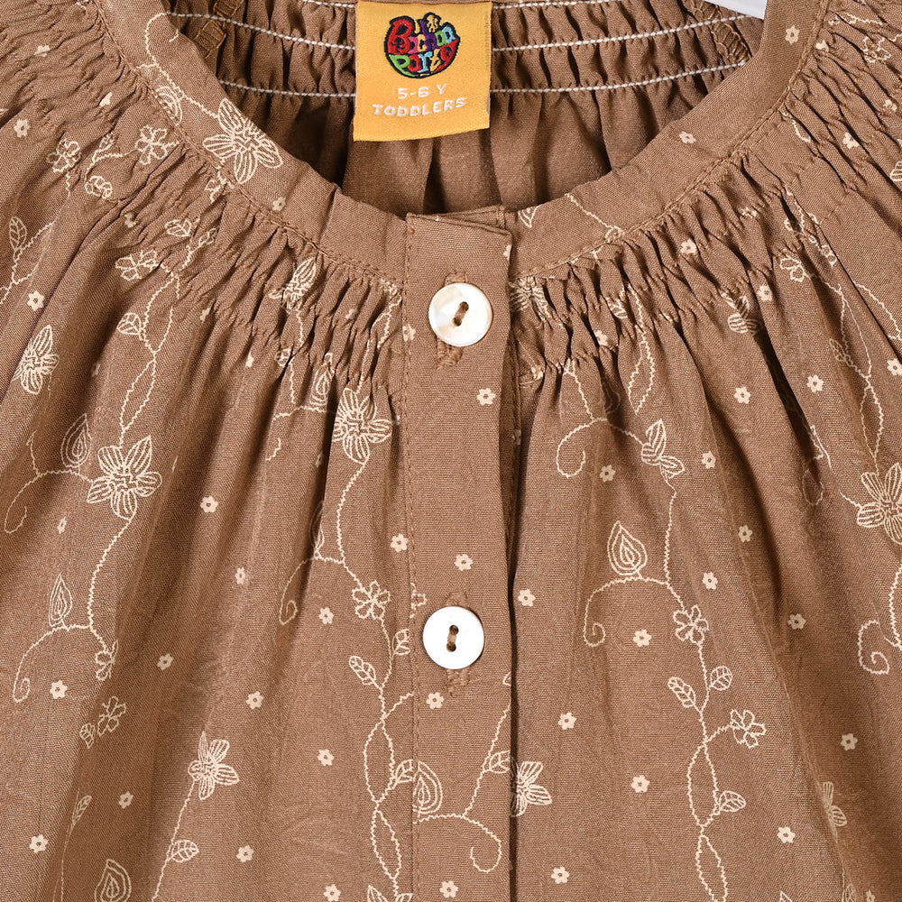 Girls Poly Cotton Casual Top Tiny Floral - Brown