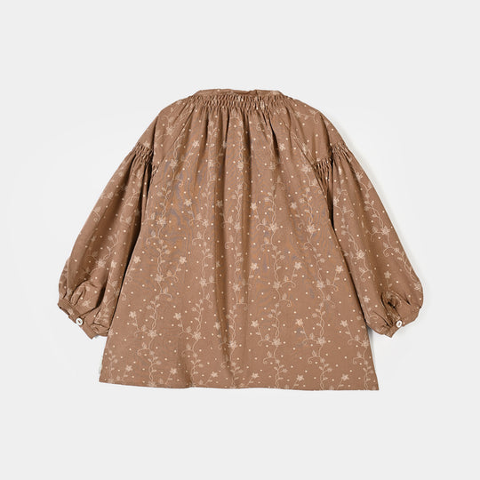 Girls Poly Cotton Casual Top Tiny Floral - Brown