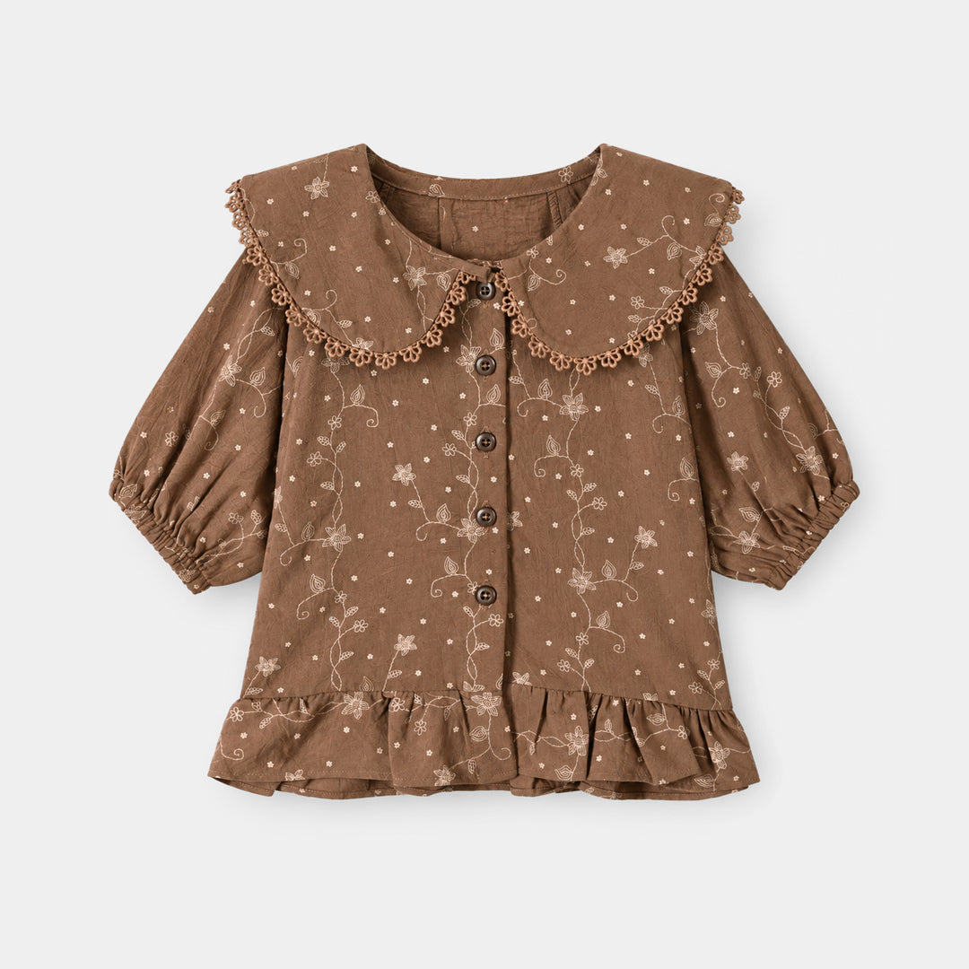 Infant Girls Poly Cotton Casual Top Sketch Flowers-Lt.Brown