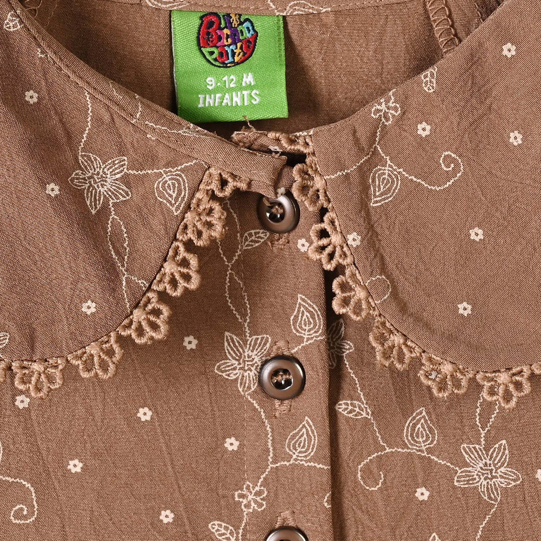 Infant Girls Poly Cotton Casual Top Sketch Flowers-Lt.Brown