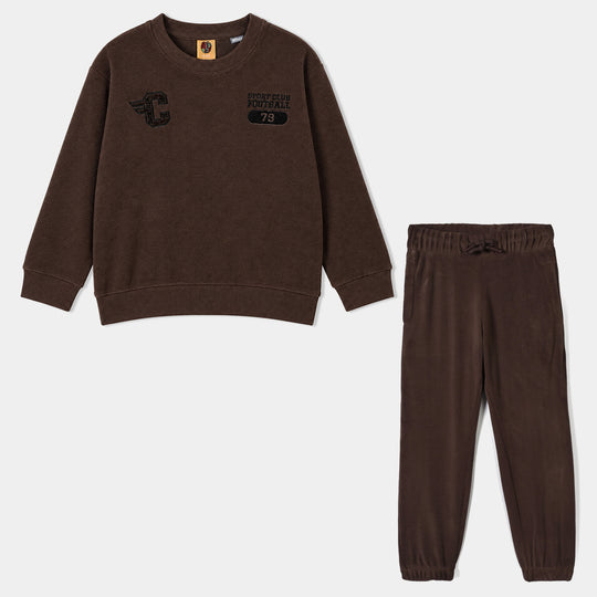 Boys Cotton Interlock 2 Pcs Suit Sport Club-BROWN