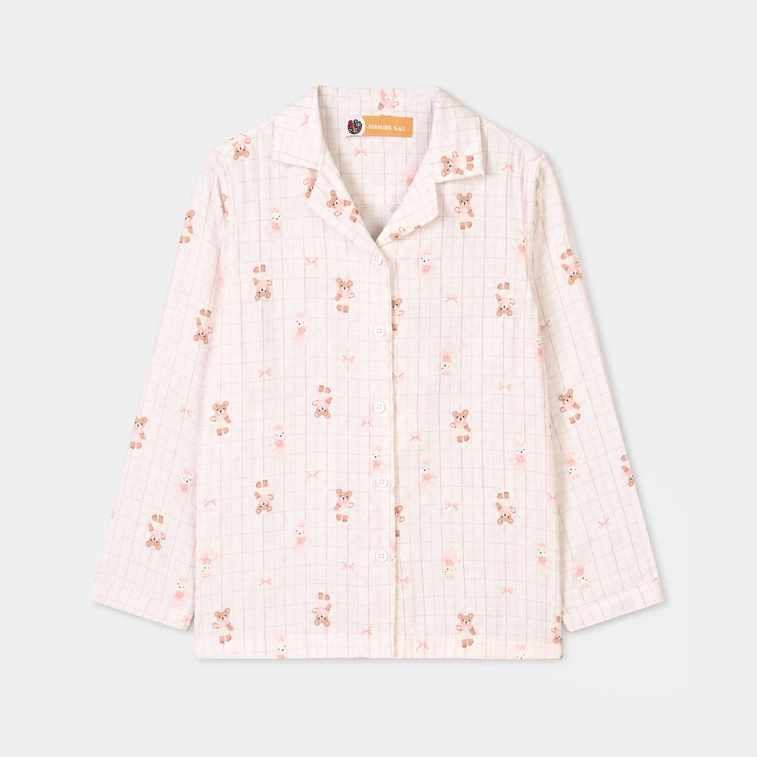 Girls Linen Viscose Nightwear-Teddy-Off.White