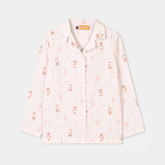Girls Linen Viscose Nightwear-Teddy-Off.White