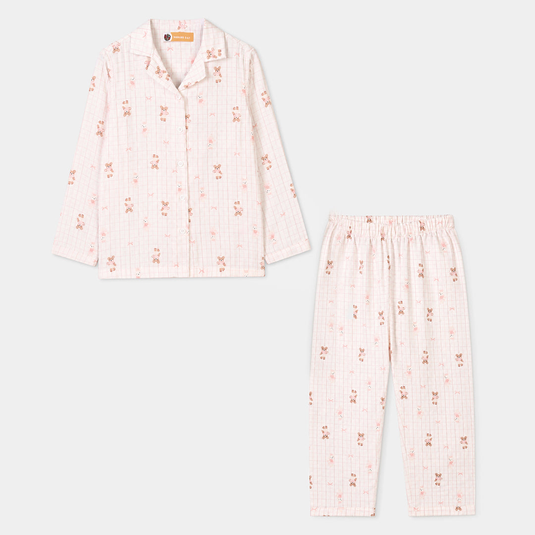 Girls Linen Viscose Nightwear-Teddy-Off.White