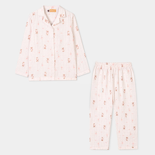 Girls Linen Viscose Nightwear-Teddy-Off.White