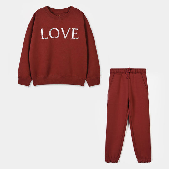 Girl Cotton Jersey 2 Pcs Suit Love  - Maroon