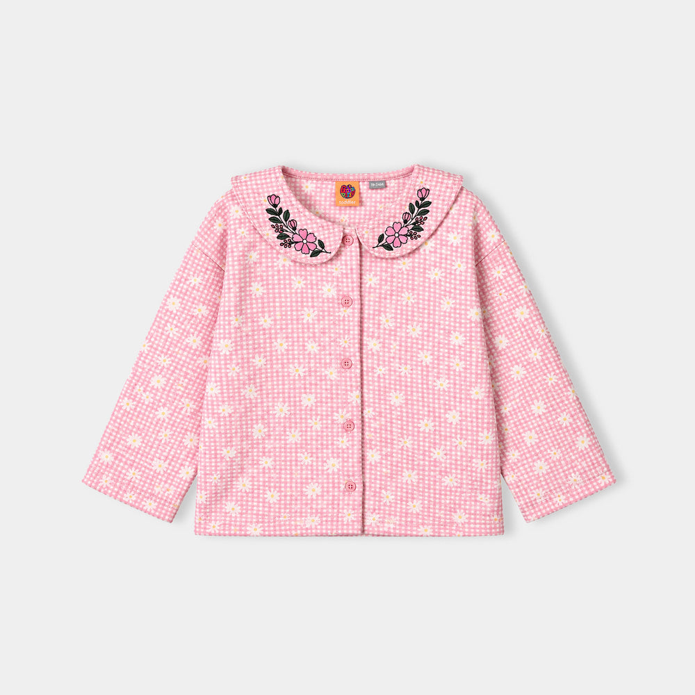 Girls Poly Crinkle 2 Pcs Suit Flowers on Collars-Pink