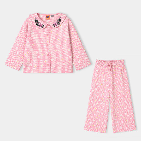 Girls Poly Crinkle 2 Pcs Suit Flowers on Collars-Pink