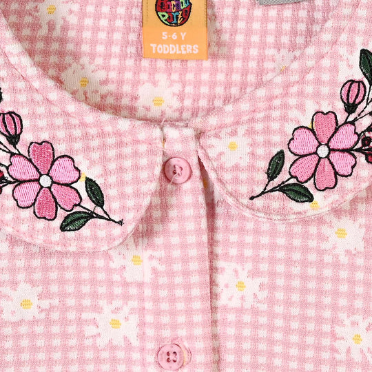Girls Poly Crinkle 2 Pcs Suit Flowers on Collars-Pink