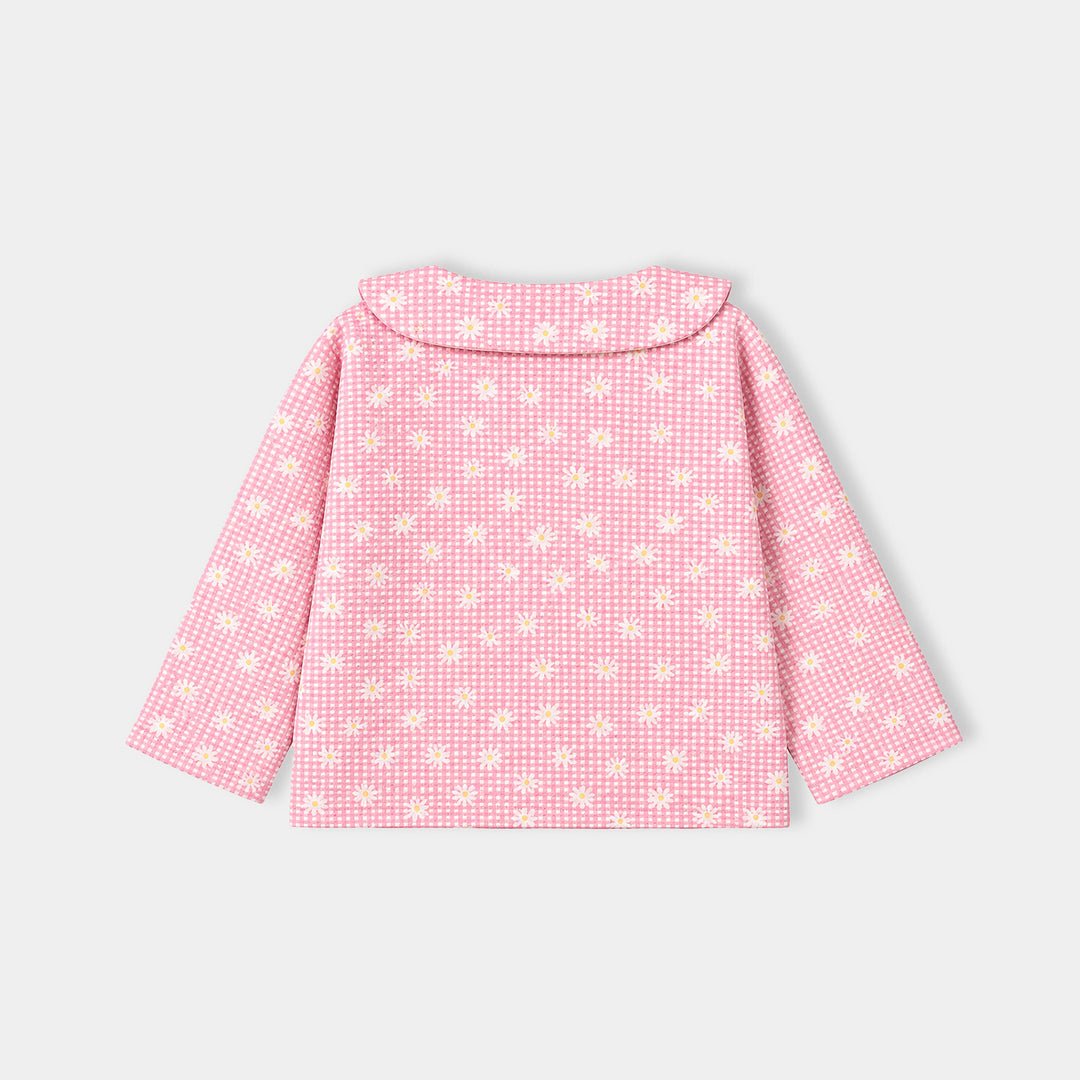 Girls Poly Crinkle 2 Pcs Suit Flowers on Collars-Pink