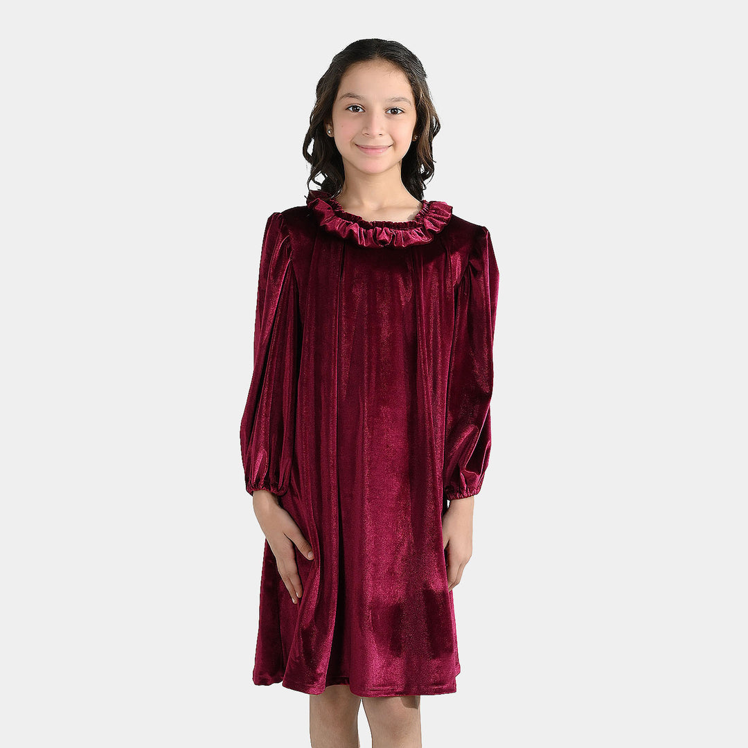 Girls Velvet Casual Frock Dream-MAROON