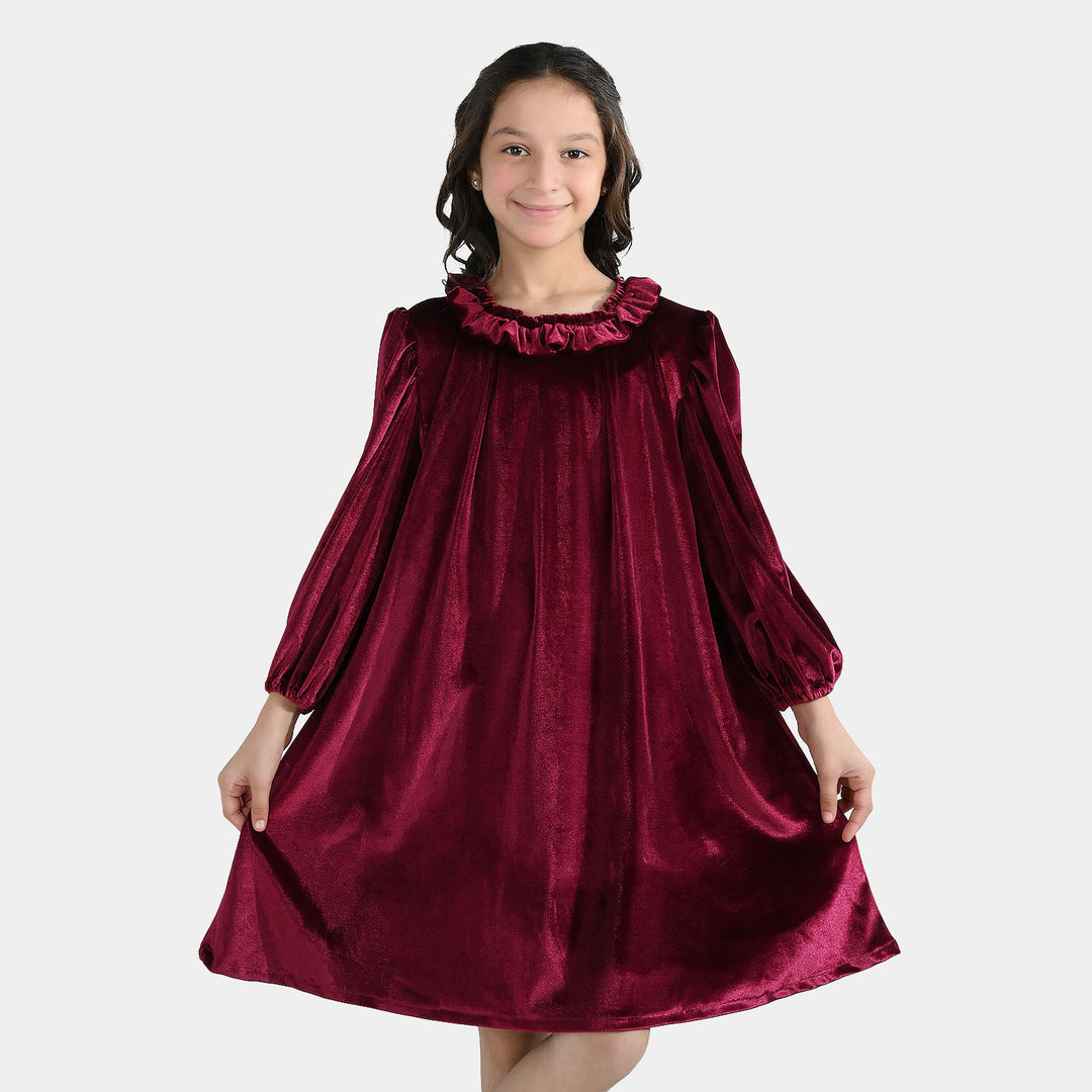 Girls Velvet Casual Frock Dream-MAROON