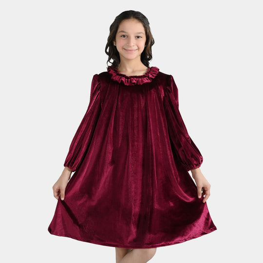 Girls Velvet Casual Frock Dream-MAROON