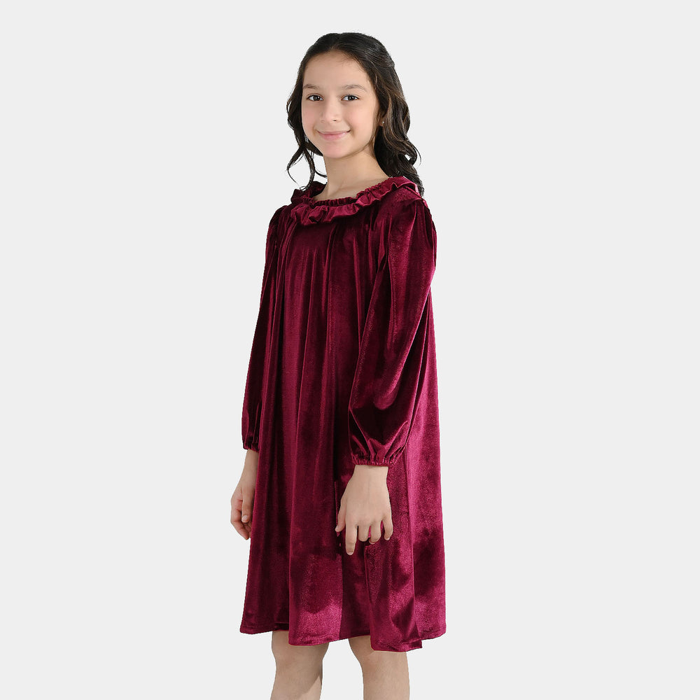 Girls Velvet Casual Frock Dream-MAROON