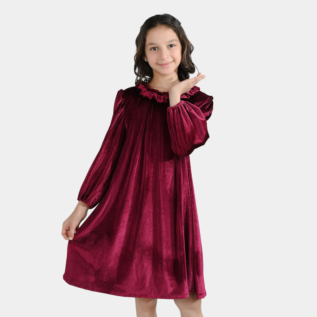 Girls Velvet Casual Frock Dream-MAROON